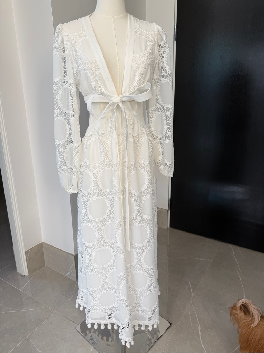 Alexis Elegant White Lace Maxi Dress with Tie Waist and cut outs at the waist.